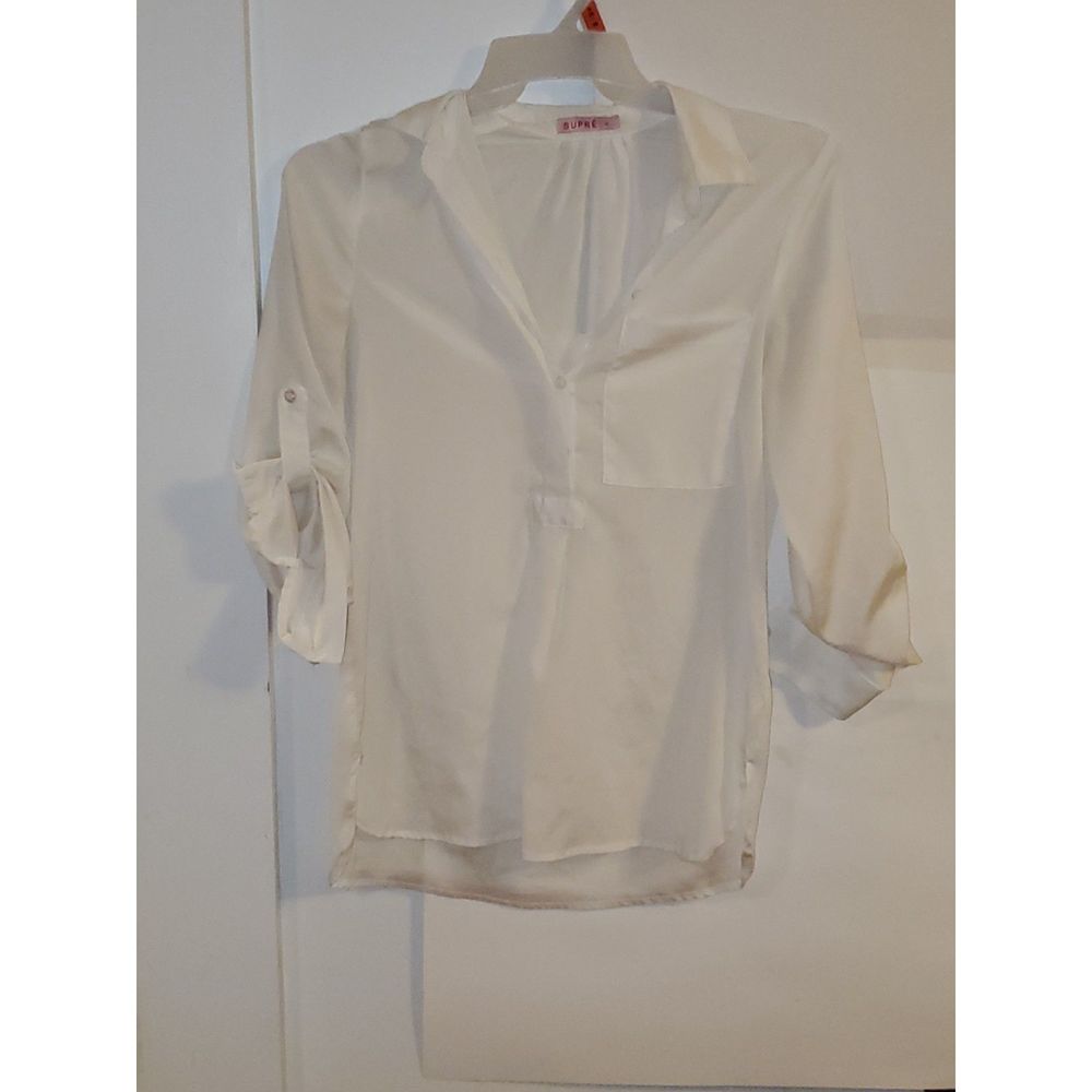 Supra Women's Basic White Tunic Blouse Roll Tab Sleeves Button Front Size Small